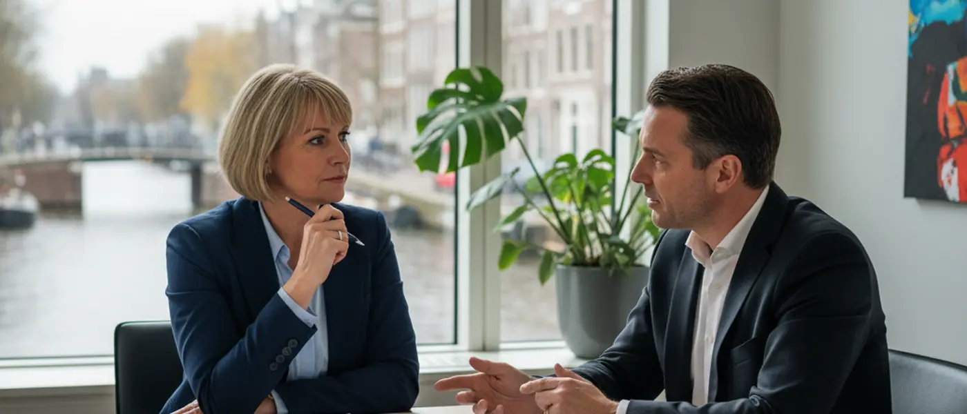 Nederlandse vrouw consulteert een advocaat in een modern Amsterdams kantoor