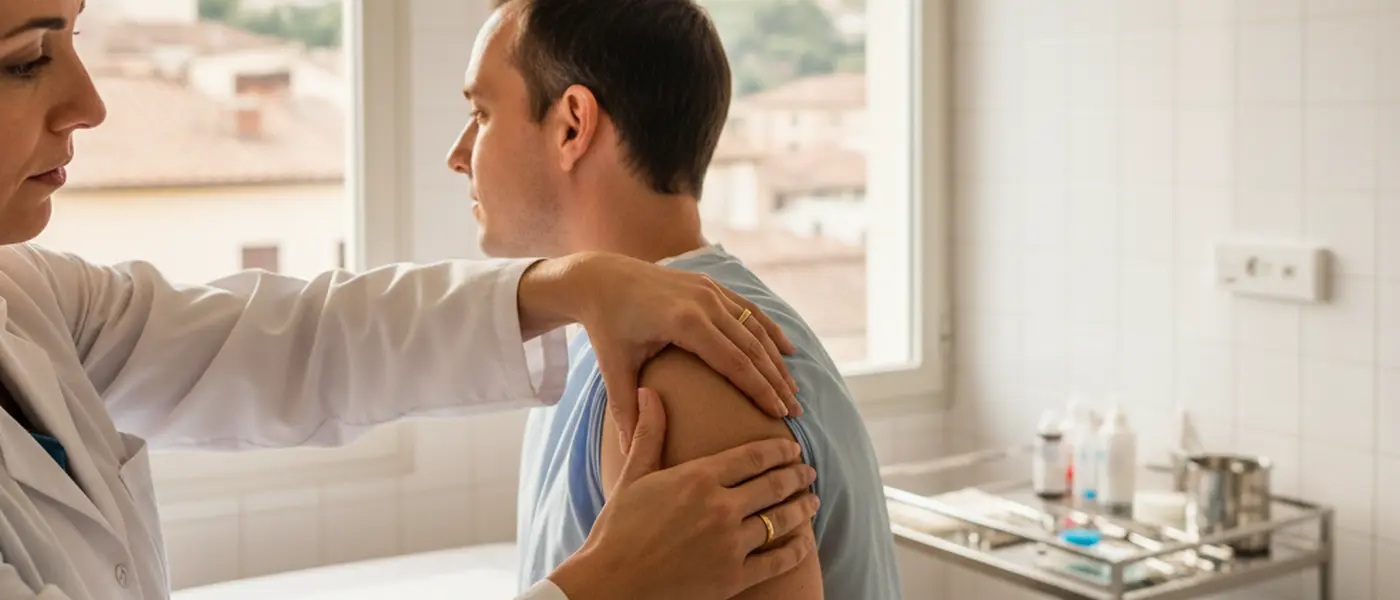 Medico ortopedico che esamina la spalla di un paziente in un ambulatorio italiano