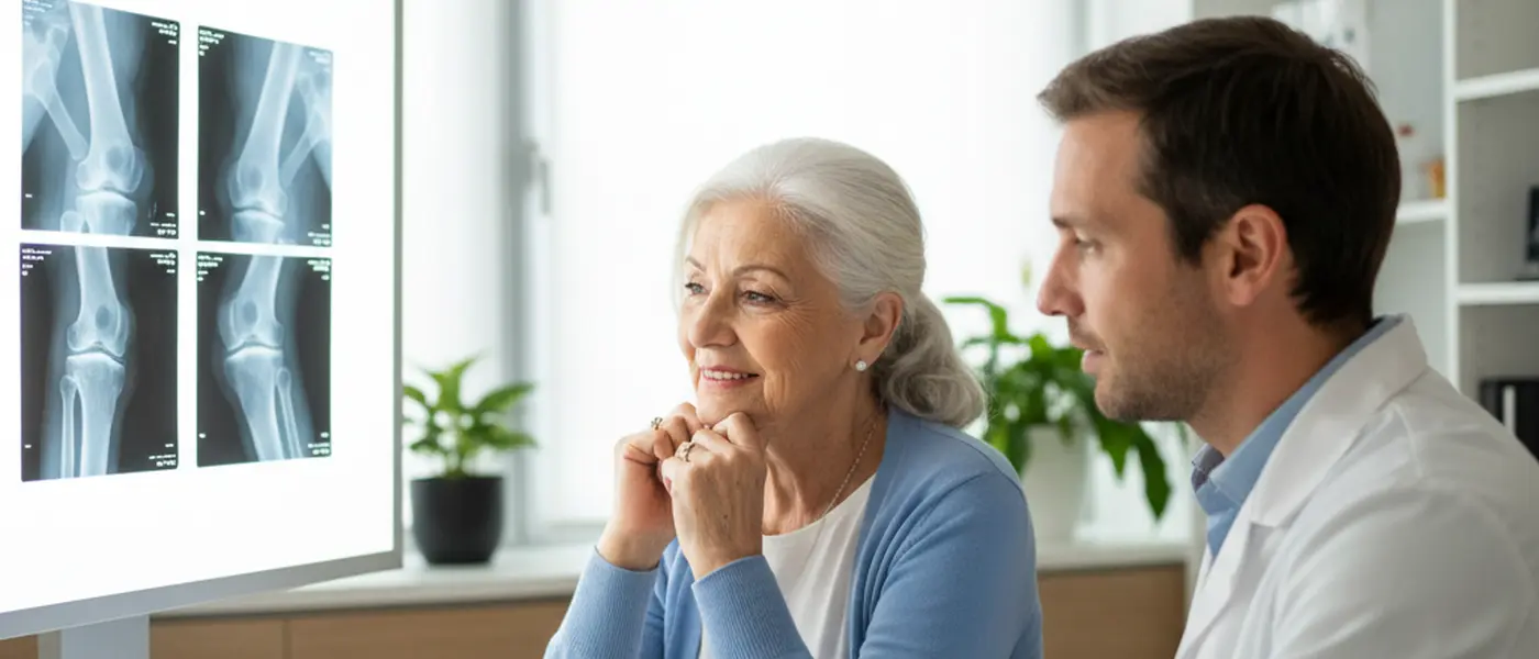 Paziente e specialista ortopedico che analizzano una radiografia del ginocchio in clinica