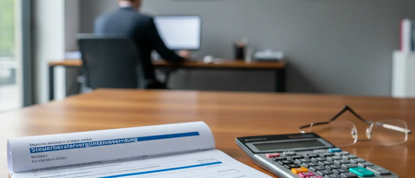Gebührenordnung für Steuerberater mit Taschenrechner und Lesebrille auf einem Schreibtisch