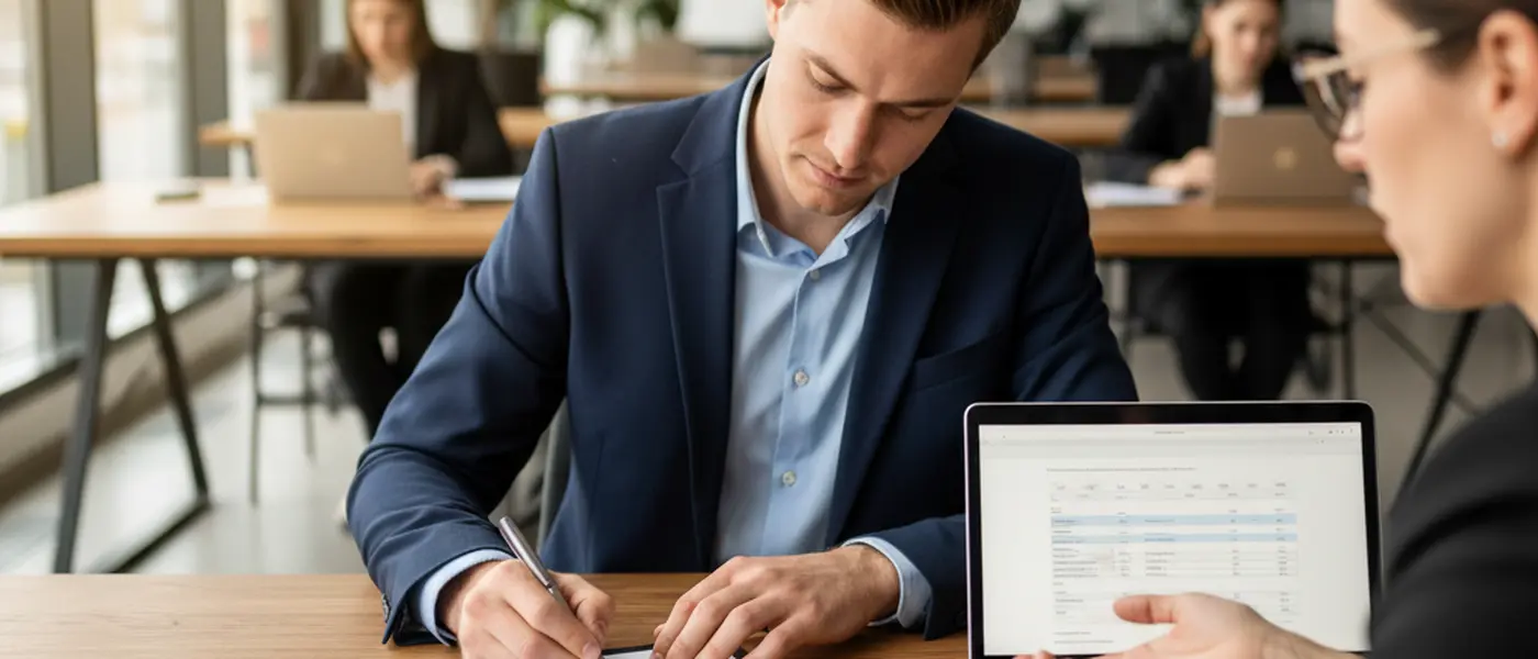 Junge Unternehmerin unterschreibt einen Steuerberatungsvertrag in einem modernen Büro