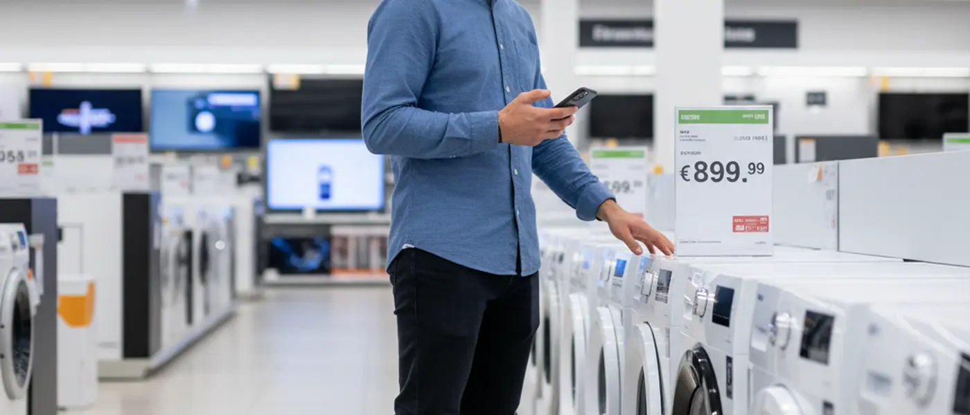 Cliente italiano che confronta i prezzi di una lavatrice in un grande negozio di elettronica