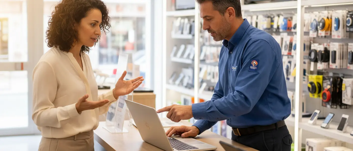 Donna italiana al banco assistenza di un negozio di elettronica, in conversazione con un tecnico per la riparazione di un laptop