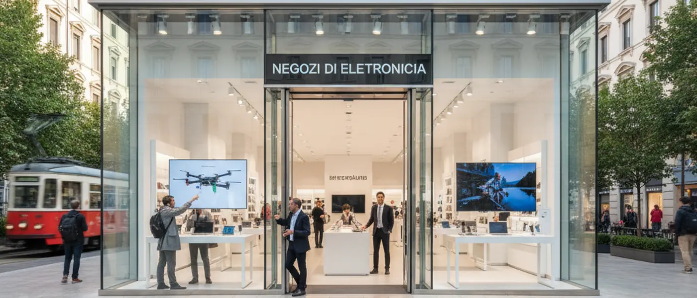 Cliente che confronta smartphone in un luminoso negozio di elettronica moderno con espositori colorati