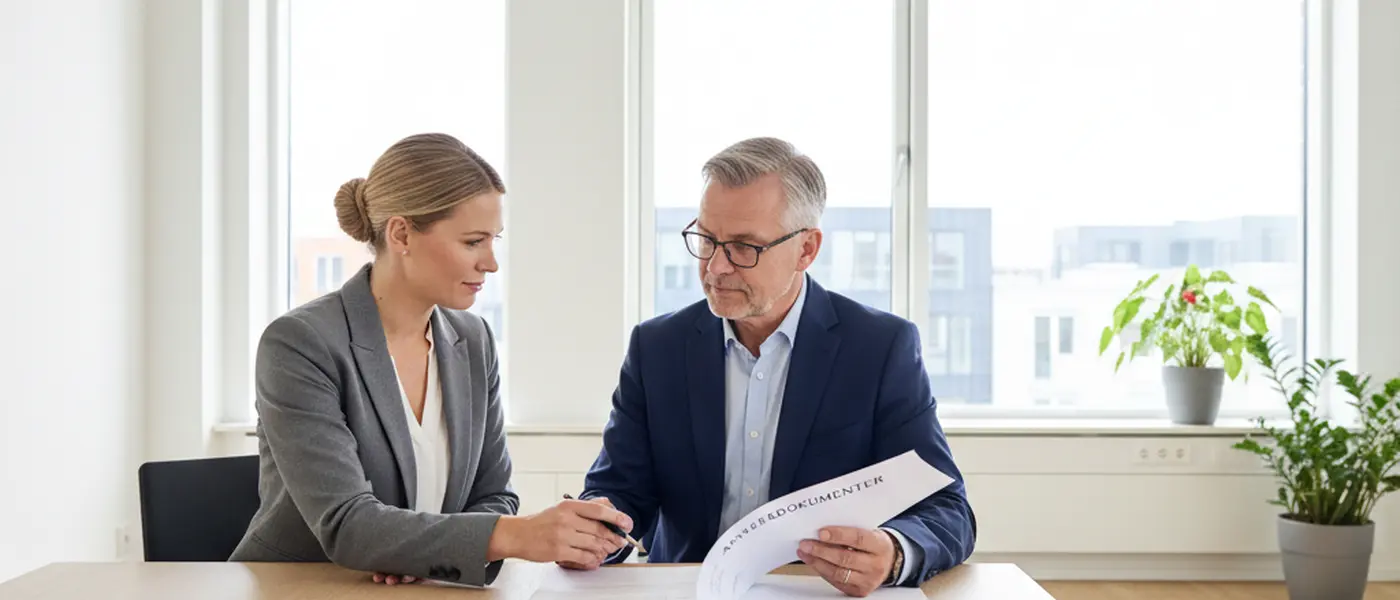 Dansk mand gennemgår arvepapirer med juridisk rådgiver i lyst skandinavisk kontor