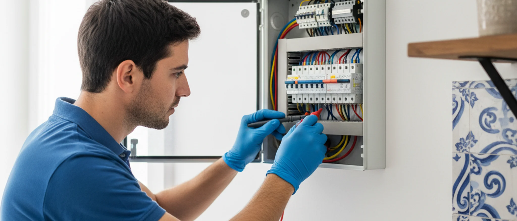 Eletricista português a inspecionar um quadro elétrico residencial com multímetro