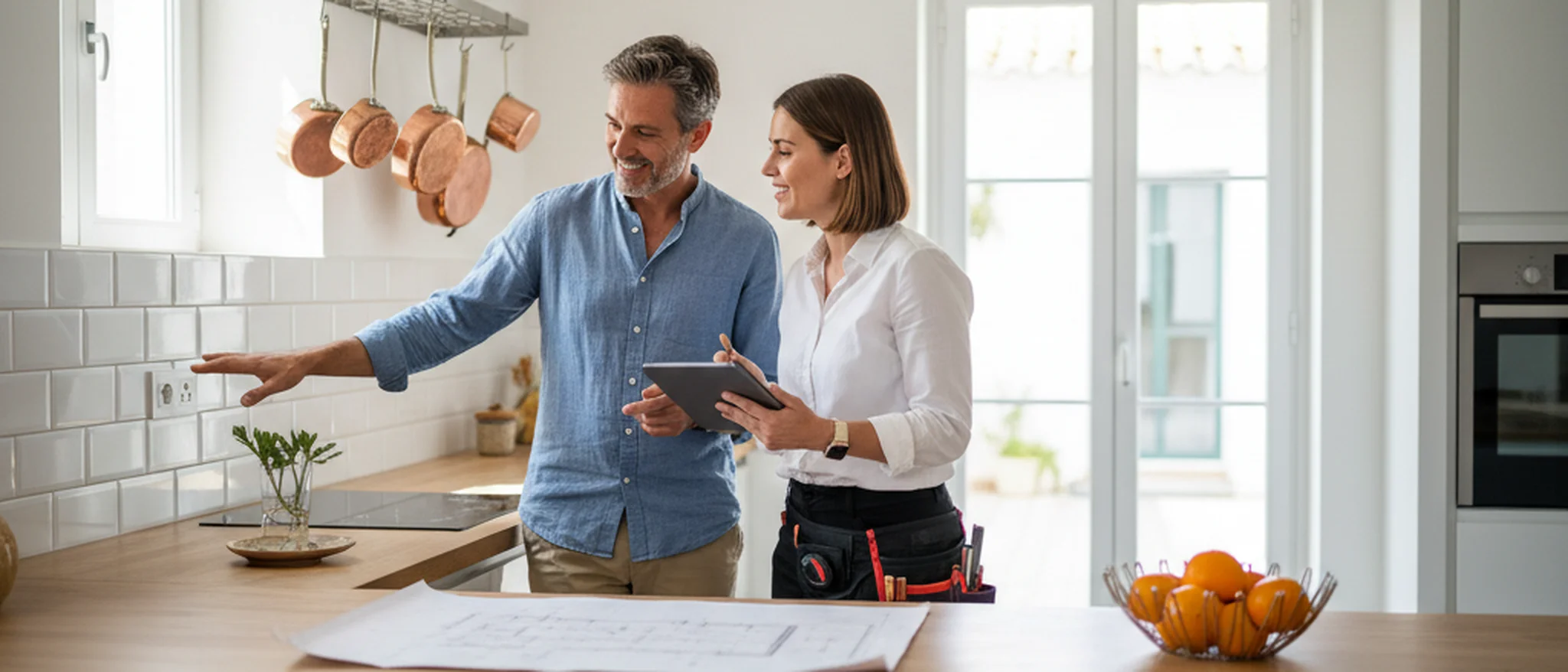 Proprietário e eletricista certificado a discutirem um projeto elétrico numa cozinha portuguesa