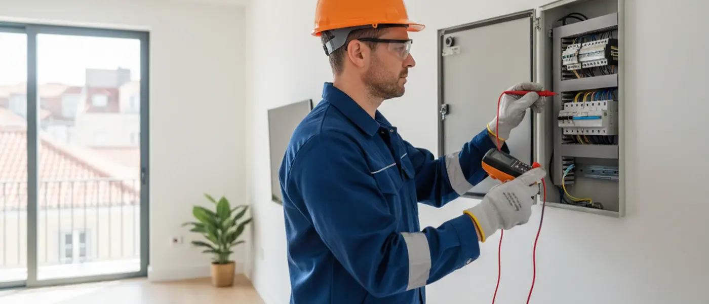 Eletricista português com equipamento de segurança a inspecionar painel elétrico residencial com multímetro