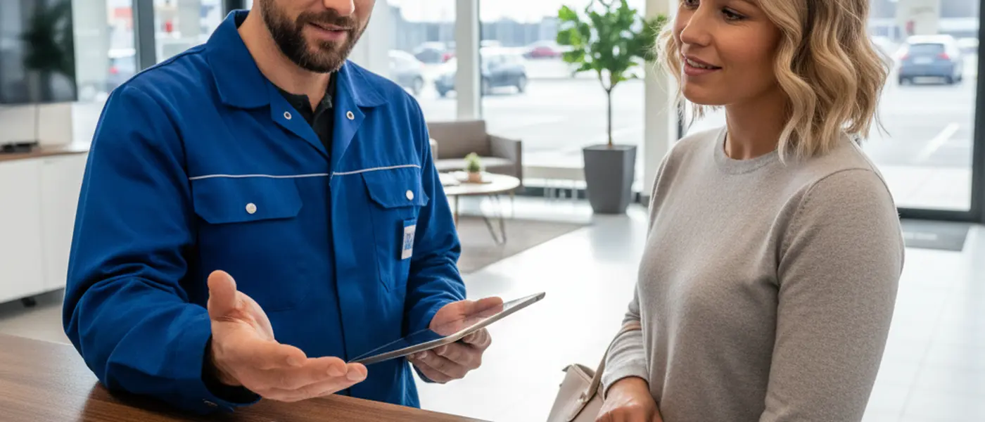 Bilmekaniker forklarer en serviceregning til en kunde ved skranken i et norsk bilverksted