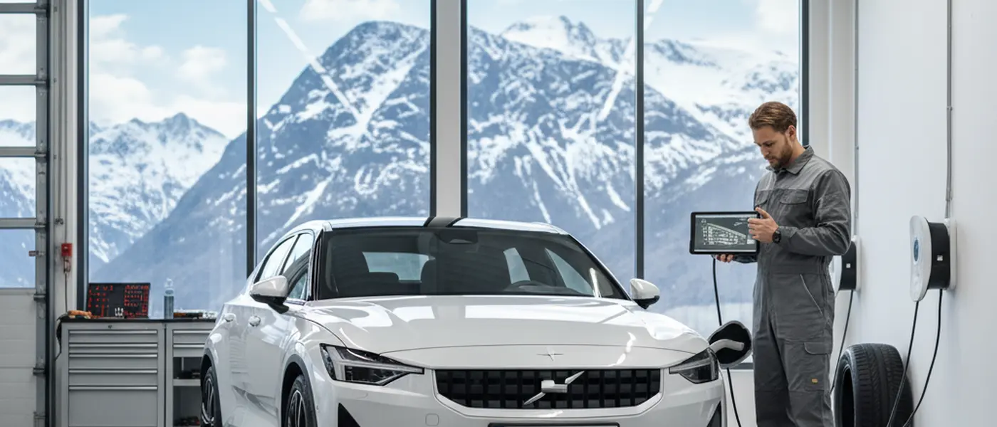 Elbil på lading ved et norsk bilverksted mens mekaniker bruker diagnostisk nettbrett