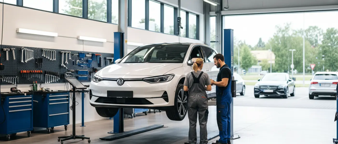 Norsk bilmekaniker i blå kjeledress inspiserer undersiden av en bil på løftebukk i et moderne verksted