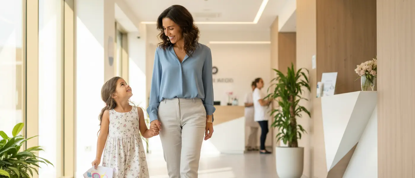 Madre e figlia italiana in un corridoio di una clinica moderna italiana