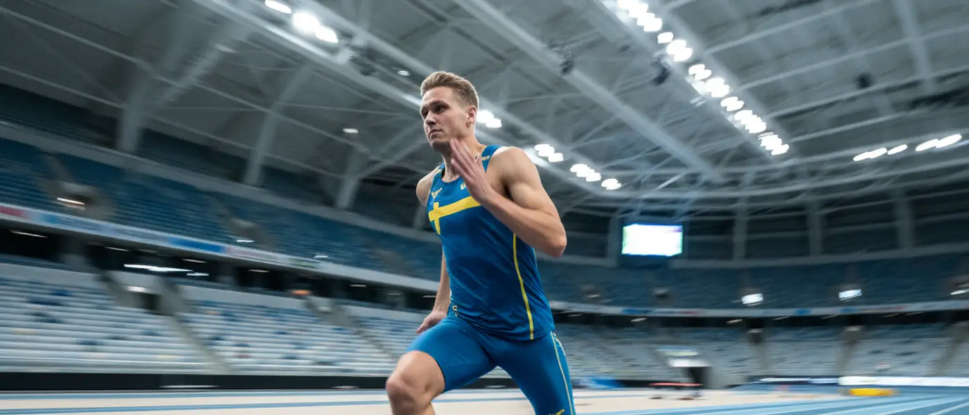 Svensk atlet sprintar på inomhusbana under VM-säsongen 2026 i Toruń