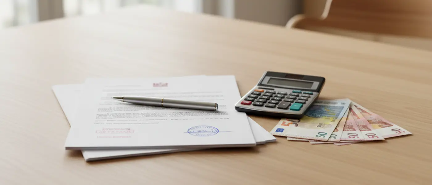 Juridische documenten, rekenmachine en eurobankbiljetten op een houten bureau bij de voorbereiding van een echtscheiding