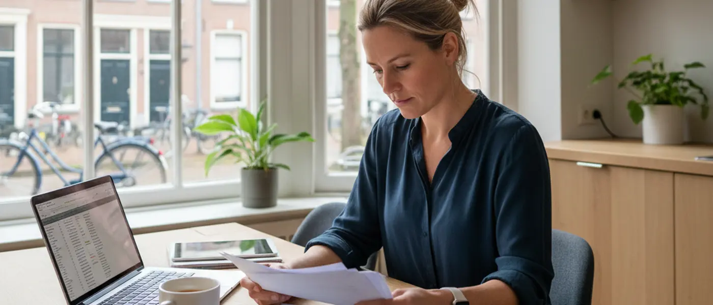 Nederlandse vrouw bekijkt financiële documenten aan de keukentafel met laptop en koffie