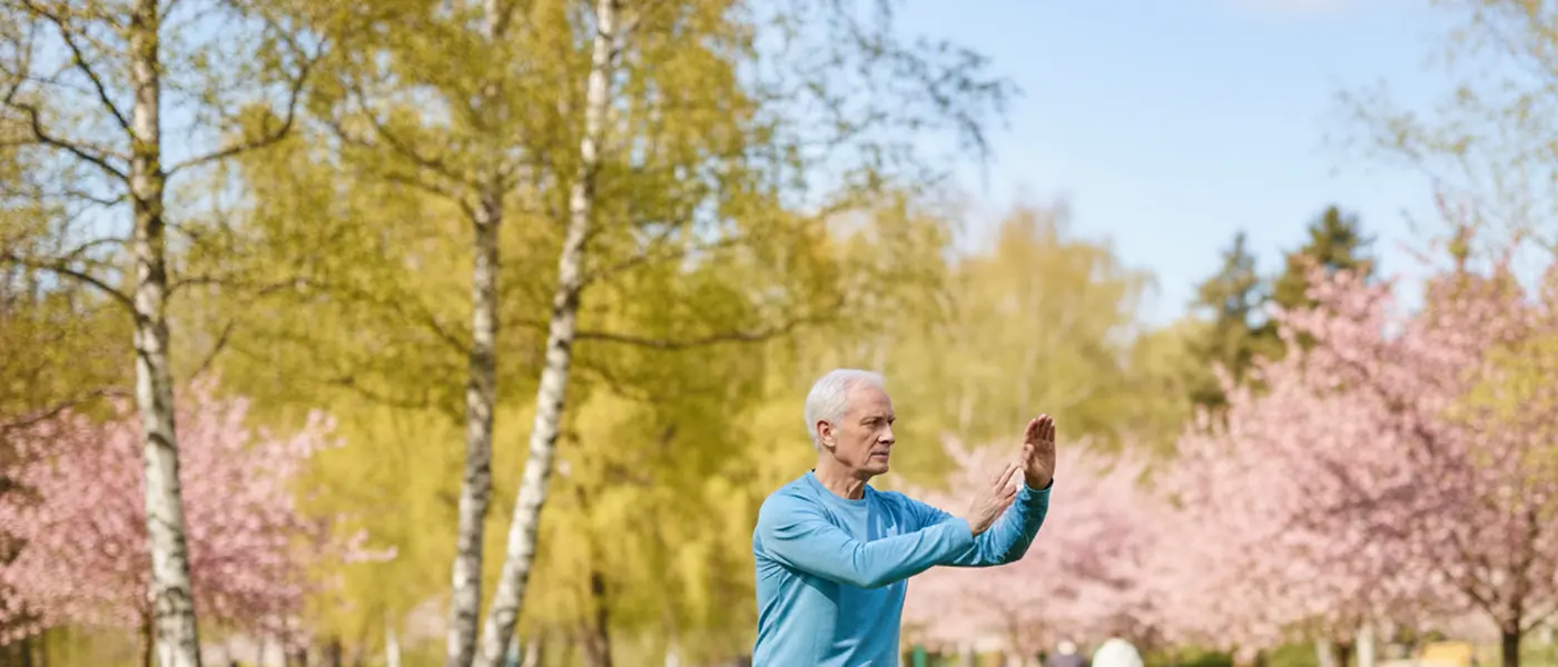 Äldre man i 80-årsåldern tränar försiktig tai chi i park, sportiga kläder, solig utomhusdag Sverige
