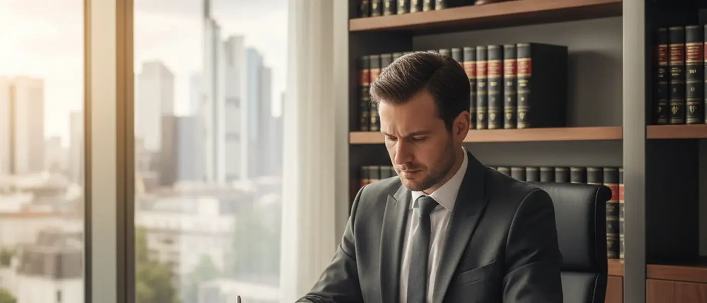 Rechtsanwalt prüft juristische Dokumente an einem modernen Schreibtisch mit Gesetzbüchern im Hintergrund