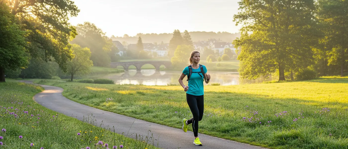 Frau joggt durch einen grünen Park im Morgenlicht für einen gesunden Lebensstil