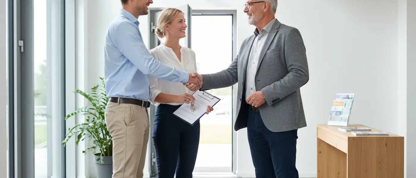 Wohnungsübergabe zwischen Vermieter und Mieter mit Übergabeprotokoll im Flur einer deutschen Wohnung