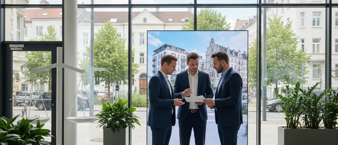 Rechtsanwalt für Mietrecht prüft einen Mietvertrag mit einem Mandanten in einer Berliner Kanzlei