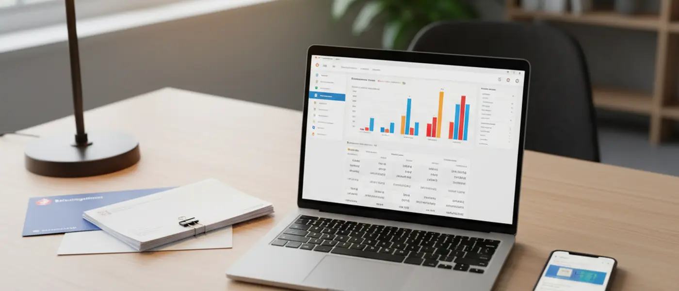 Laptop met boekhoudsoftware en facturen op een opgeruimd bureau in een Nederlands kantoor