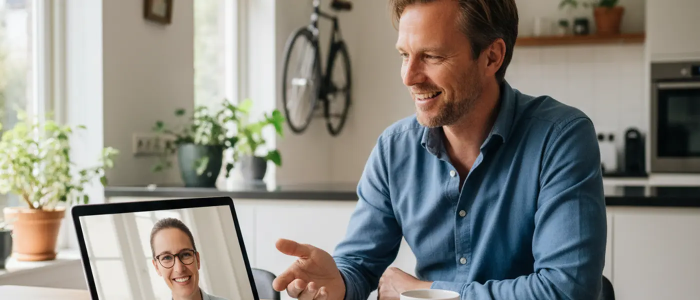 Nederlandse ondernemer in videogesprek met zijn online boekhouder aan de keukentafel