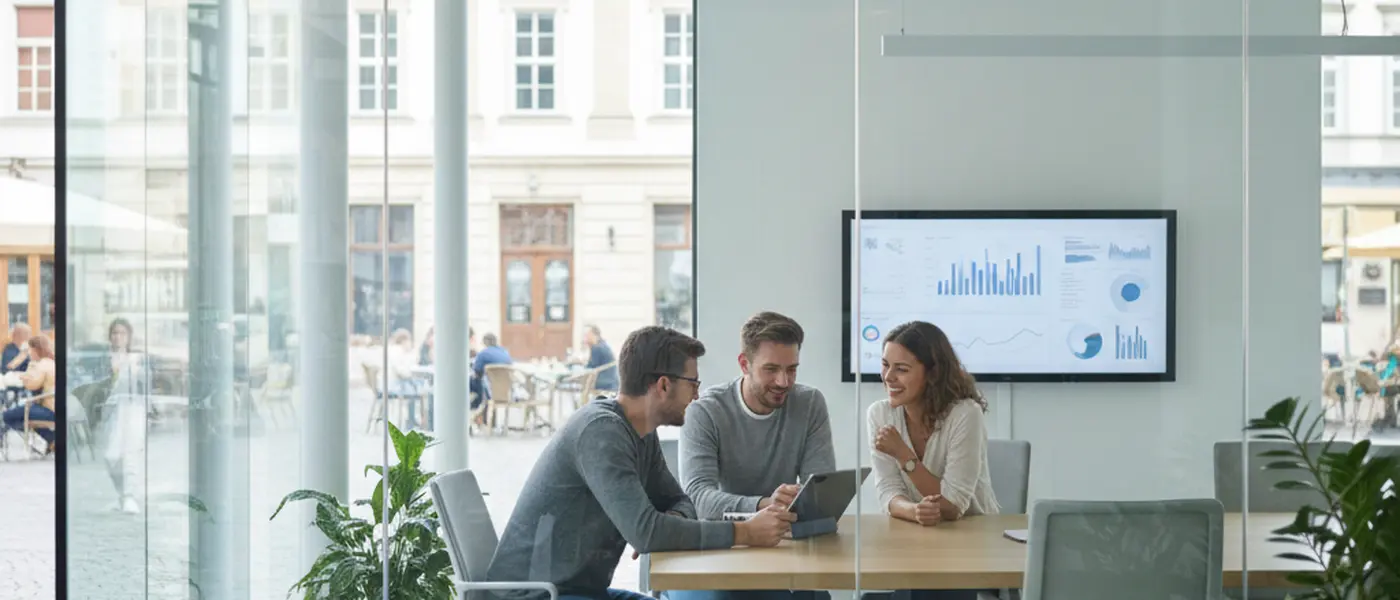 Nederlandse onderneemster werkt aan haar boekhouding op een laptop in een modern thuiskantoor met hoge ramen