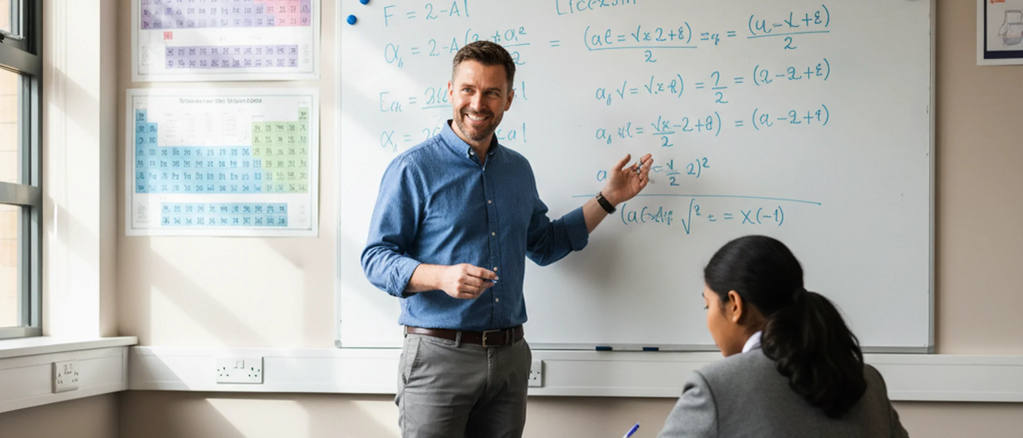 Tutor helping a teenage student with schoolwork at a desk in a bright London living room