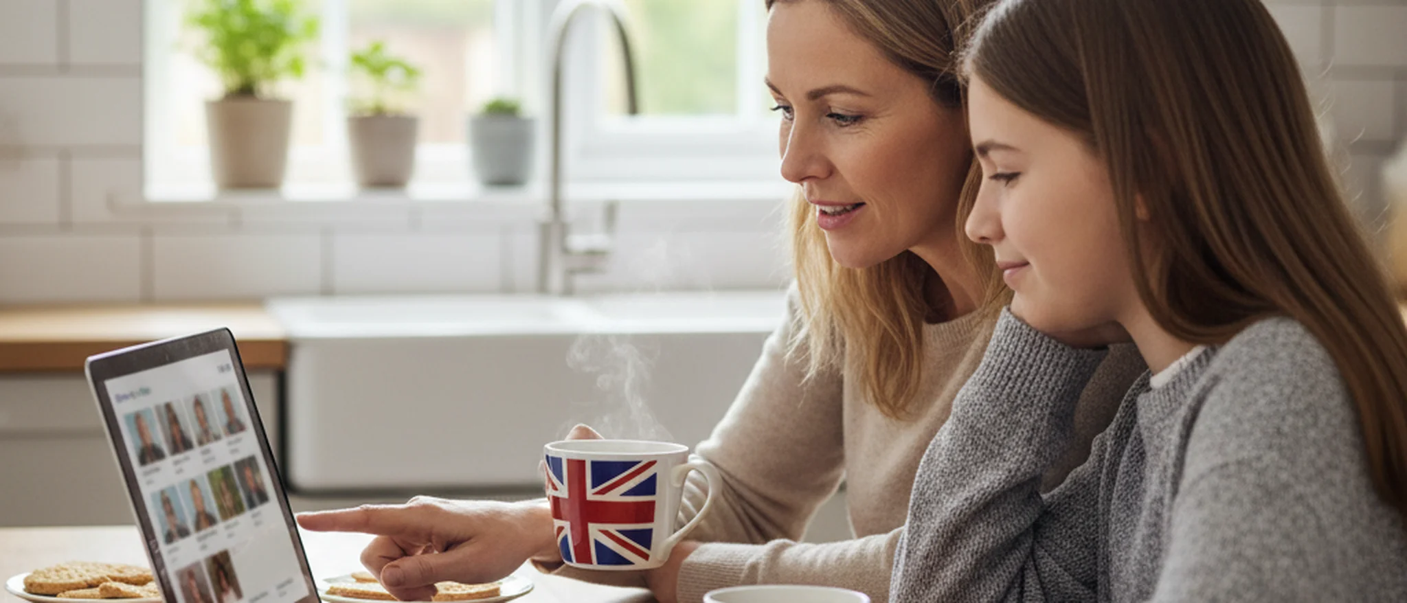 Parent and teenager browsing tutor profiles on a laptop at a kitchen table in a British home
