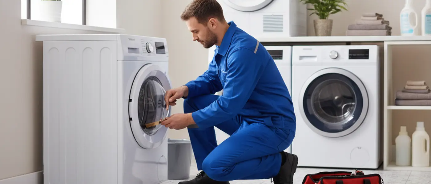 Technicien en électroménager réparant le filtre d'un lave-linge dans une buanderie