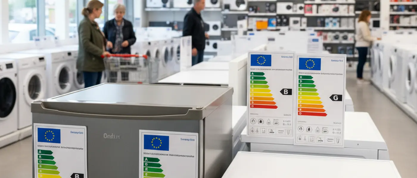 Étiquettes énergie européennes de classe A à G affichées sur des appareils électroménagers dans un magasin