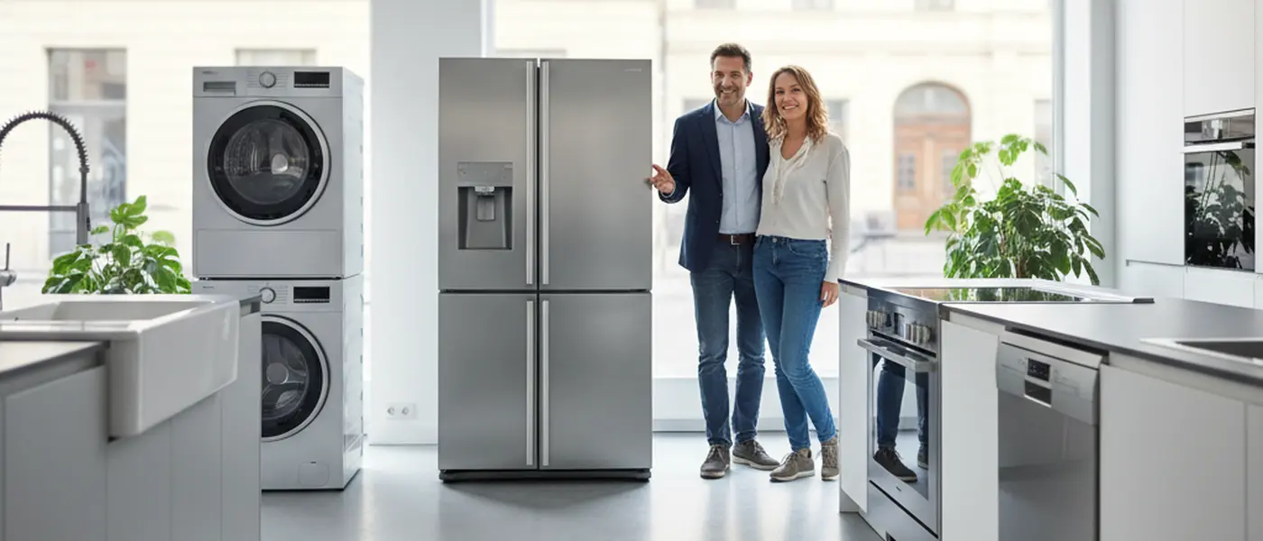 Femme inspectant un réfrigérateur moderne dans une cuisine contemporaine avec lave-linge et lave-vaisselle en arrière-plan