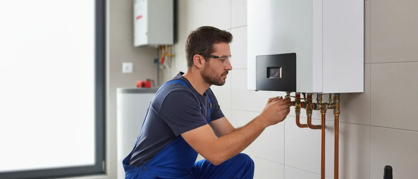 Technicien RGE installant une pompe à chaleur air-eau dans une maison française