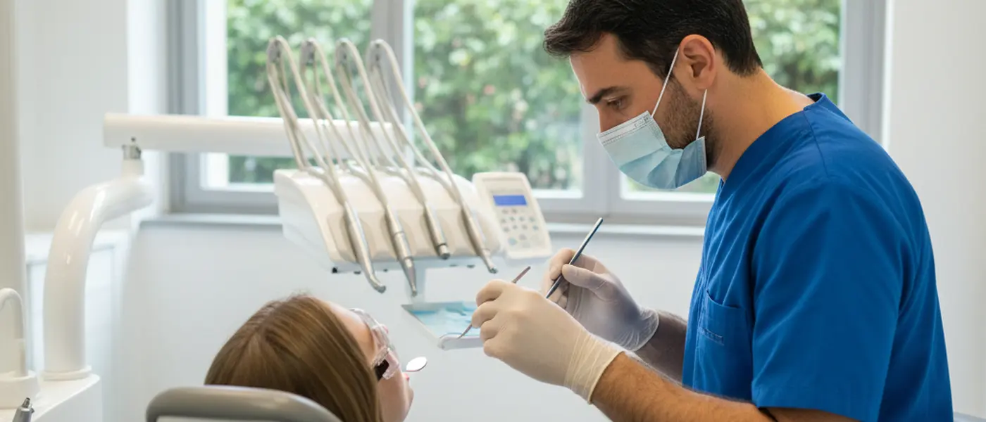 Dentista italiano che spiega un piano terapeutico a una paziente in uno studio odontoiatrico moderno