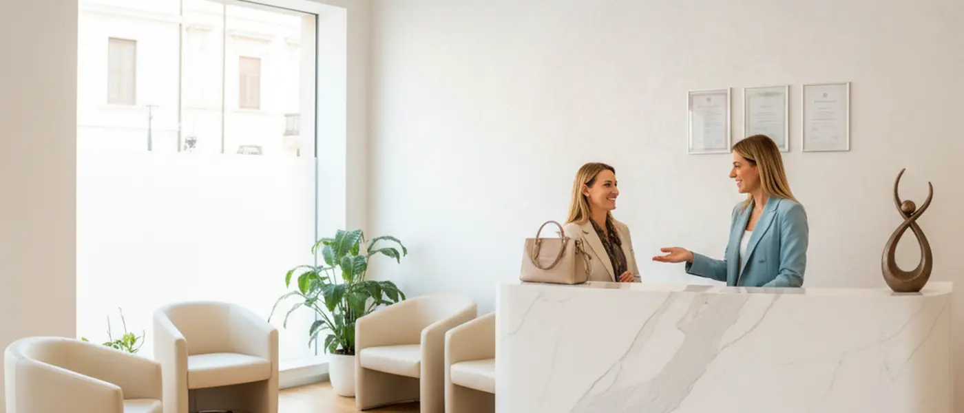 Reception di uno studio dentistico italiano con receptionist che accoglie un paziente