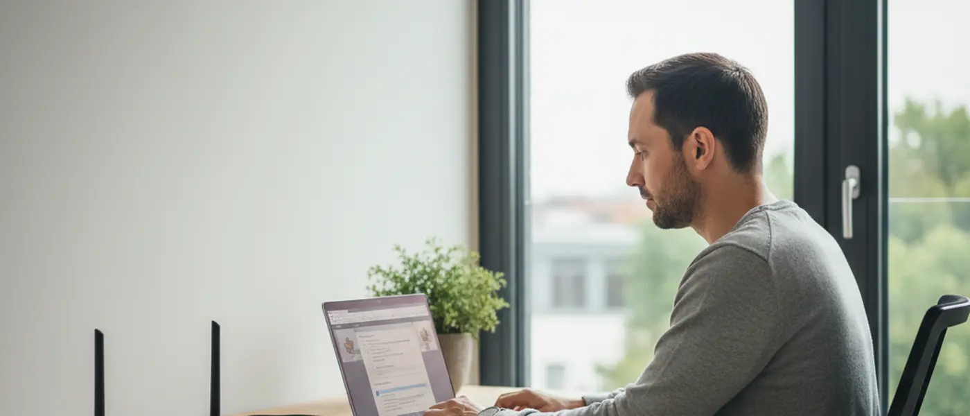 Mann überprüft Router-Einstellungen am Laptop im Homeoffice für Netzwerksicherheit