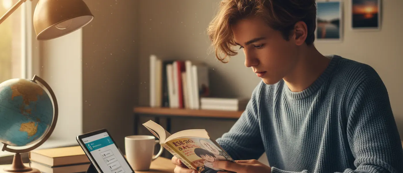 Adolescent français qui lit un manga à son bureau avec des cahiers et des supports d'apprentissage