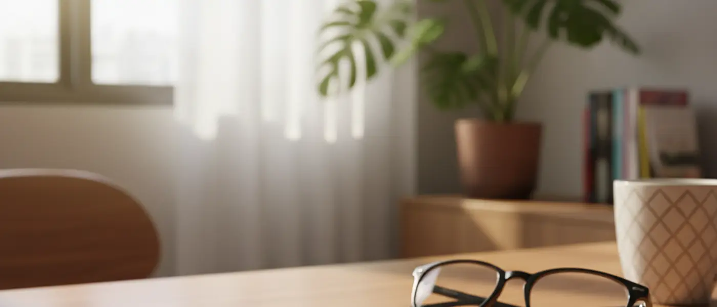 Smartphone exibindo interface de aplicativo de saúde sobre mesa de escritório em casa