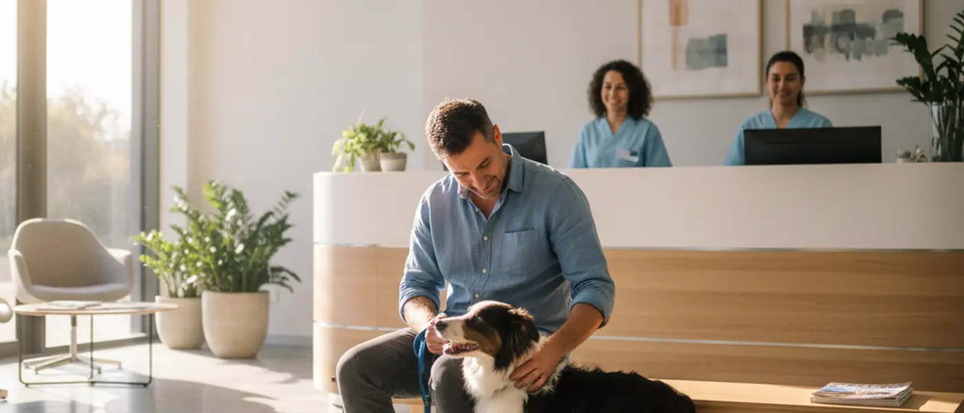 Tutor a confortar o seu cão na sala de espera de um hospital veterinário moderno em Portugal