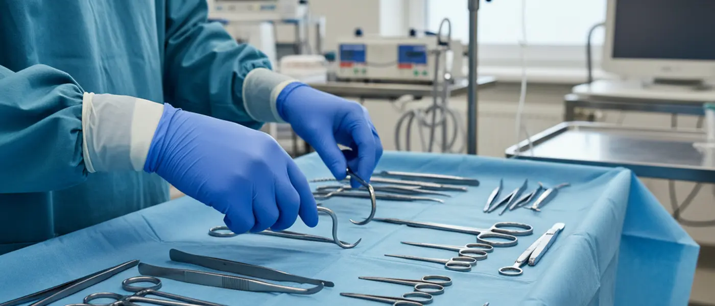 Cirurgião veterinário a preparar instrumentos numa sala de operações de hospital veterinário