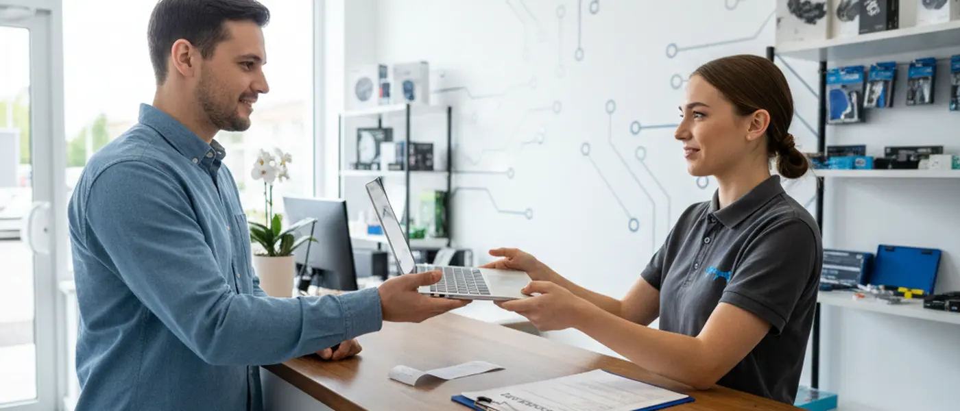 Customer handing a laptop to a computer repair technician at a UK service counter with diagnostic paperwork