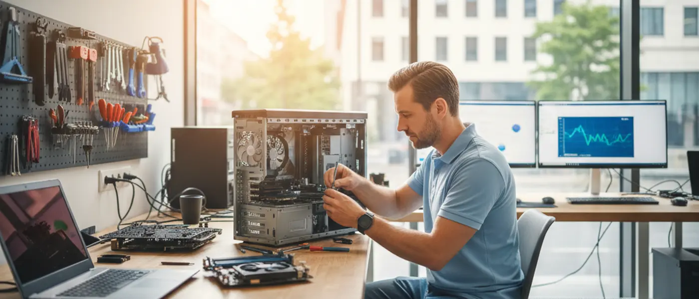 Computer technician repairing the interior of a laptop at a modern workbench with tools and components