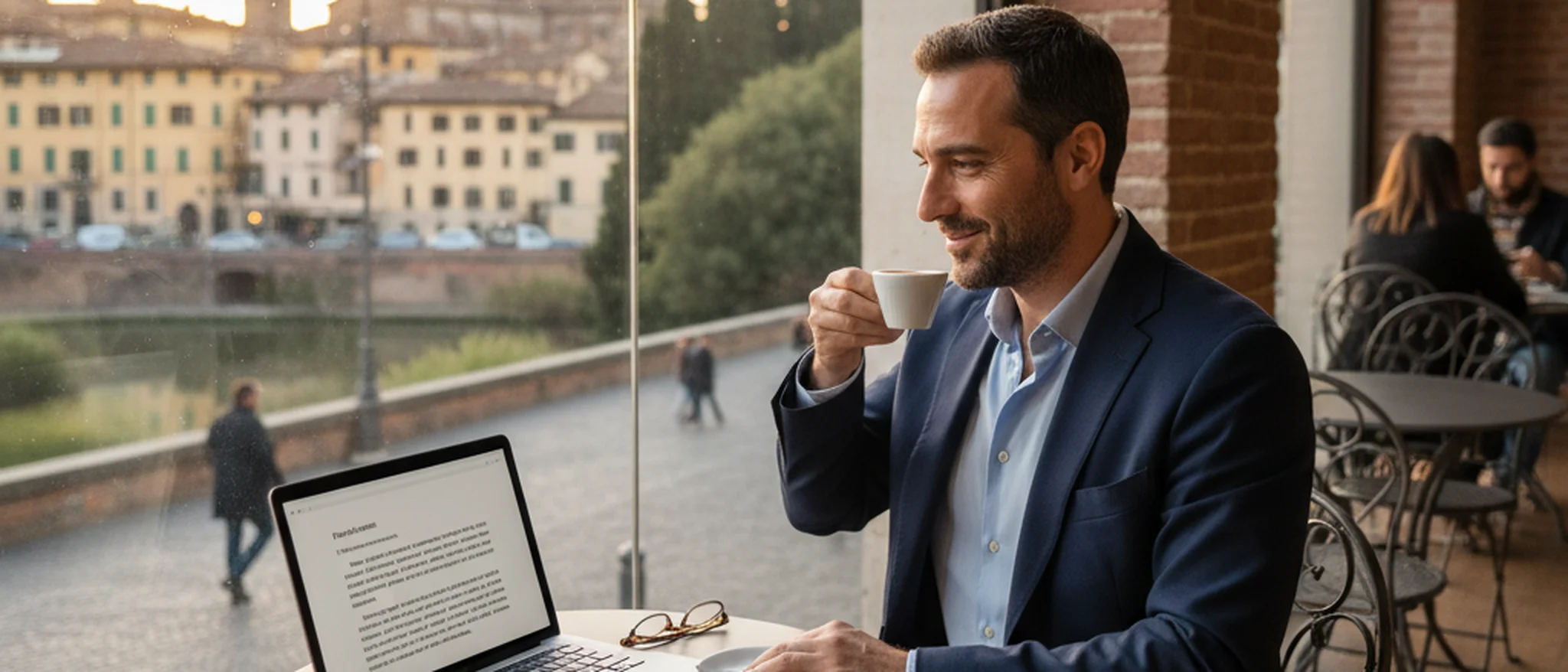 Imprenditore italiano seduto in un caffè con un laptop che mostra documenti legali