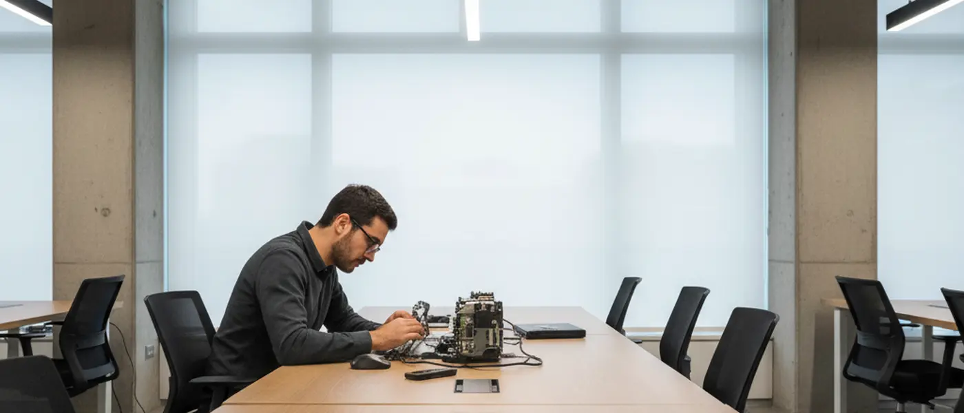 Tecnico informatico freelance che ripara un laptop in uno spazio di coworking italiano