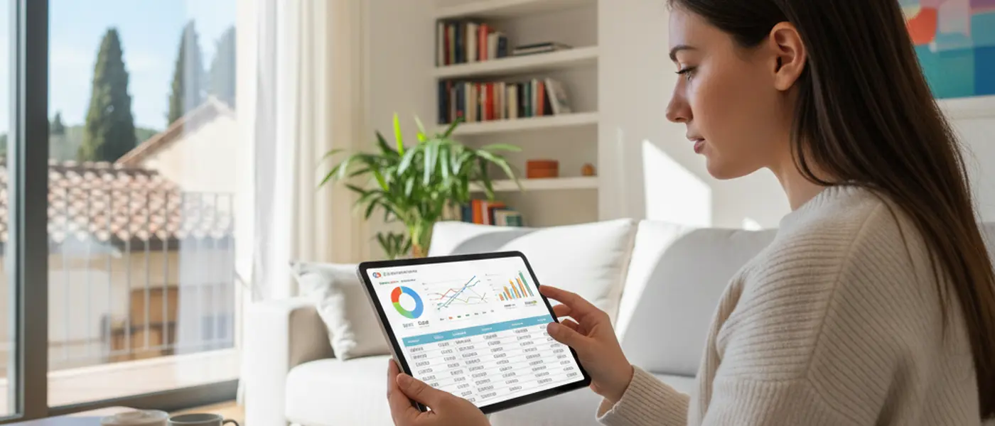 Donna italiana che confronta opzioni su tablet con grafici e tabelle di prezzi