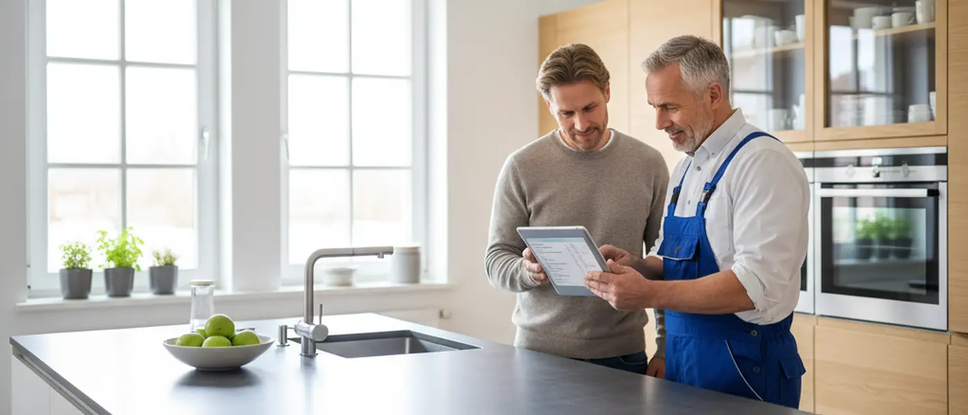 Hausbesitzer und Klempner besprechen einen Kostenvoranschlag auf einem Tablet in einer deutschen Küche