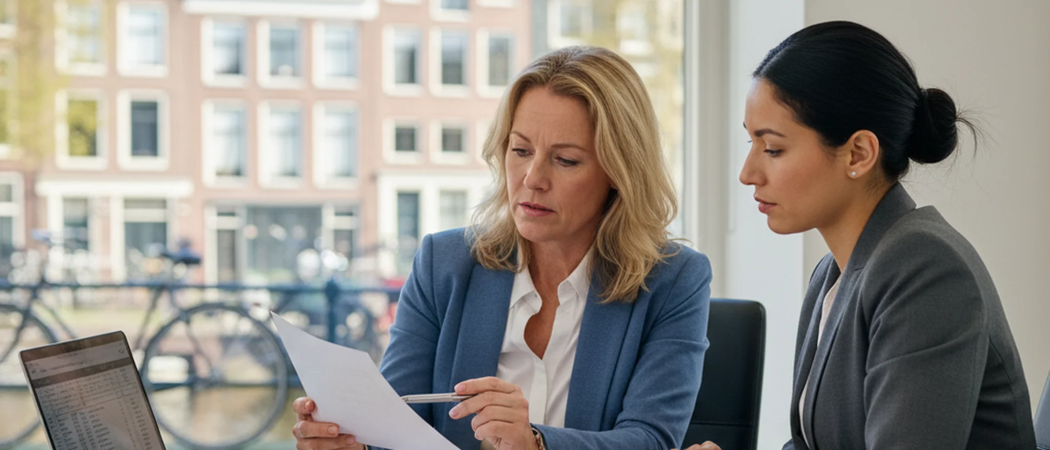 Nederlandse cliënte bespreekt financiële documenten met een familierechtadvocaat op kantoor