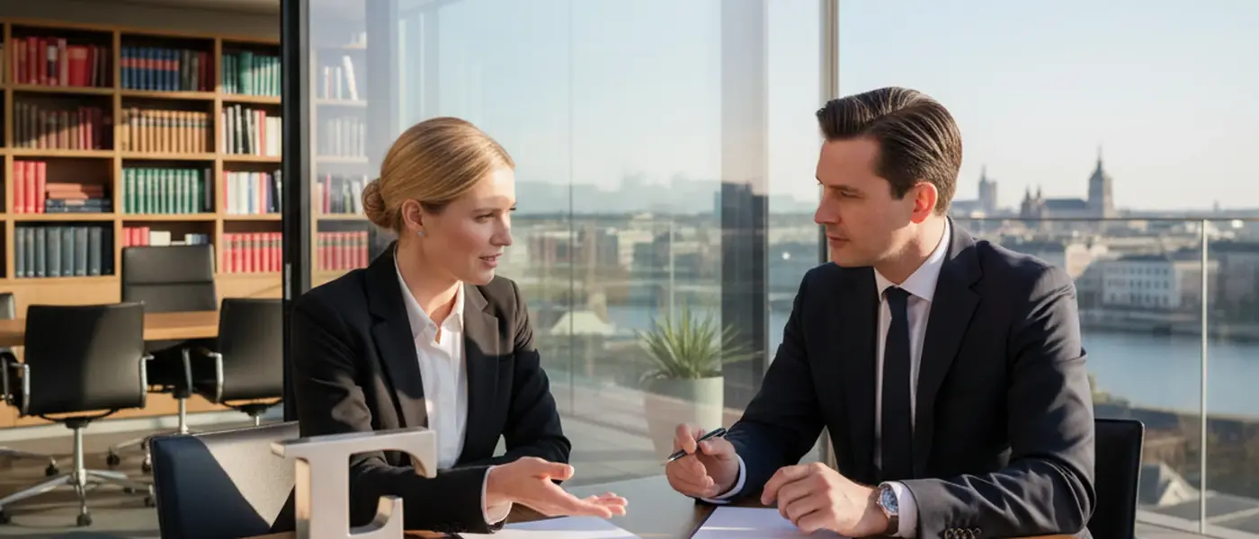 Nederlands stel in gesprek met een familierechtadvocaat op een modern advocatenkantoor in Amsterdam