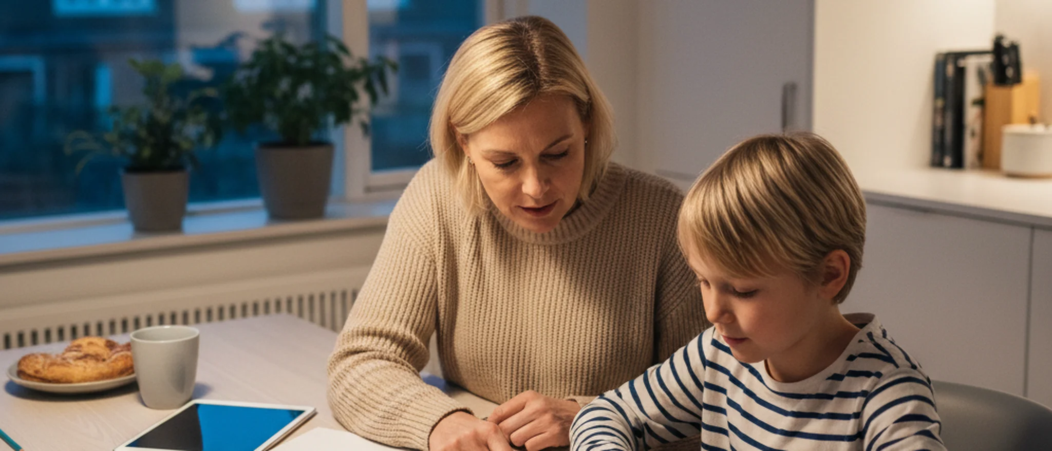 Forælder og barn gennemgår matematiklektier ved et køkkenbord i et dansk hjem med lommeregner og notesbog