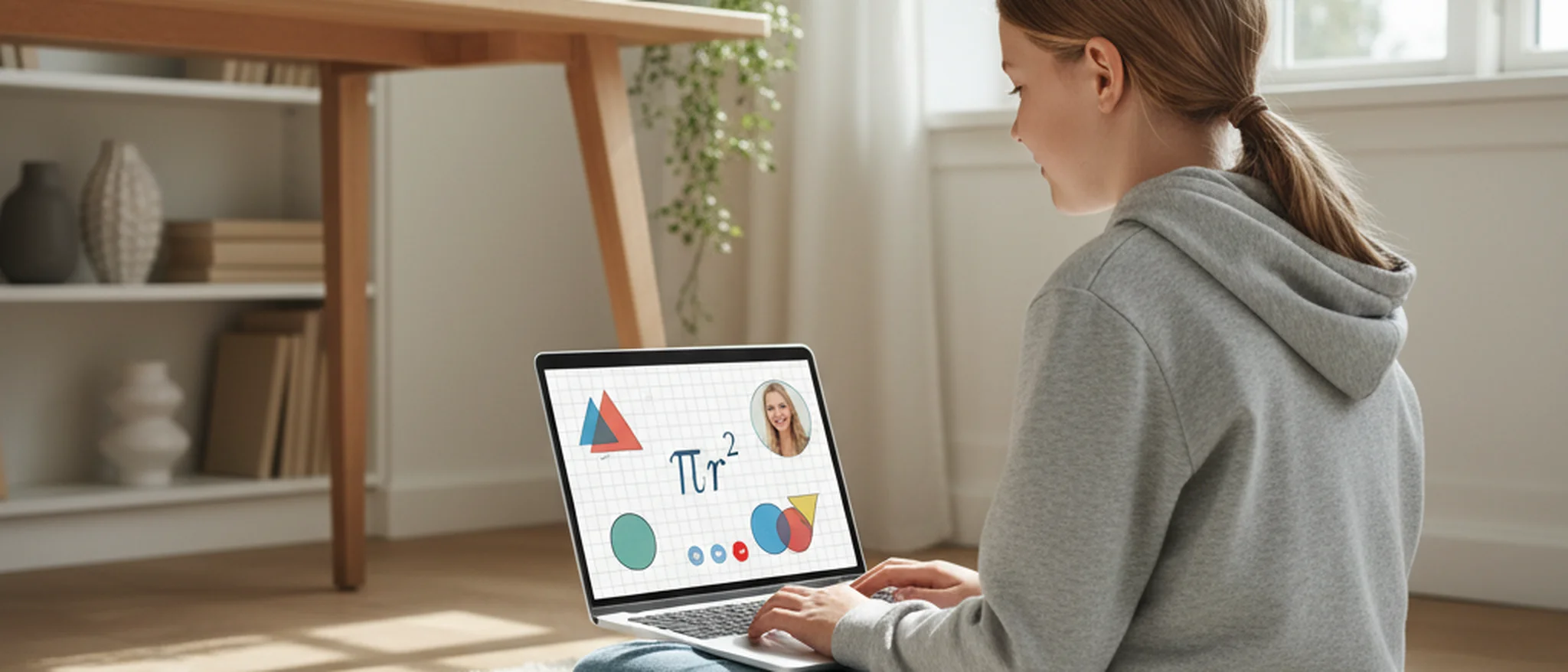 Elev deltager i online matematikundervisning via laptop med geometriske figurer på skærmen